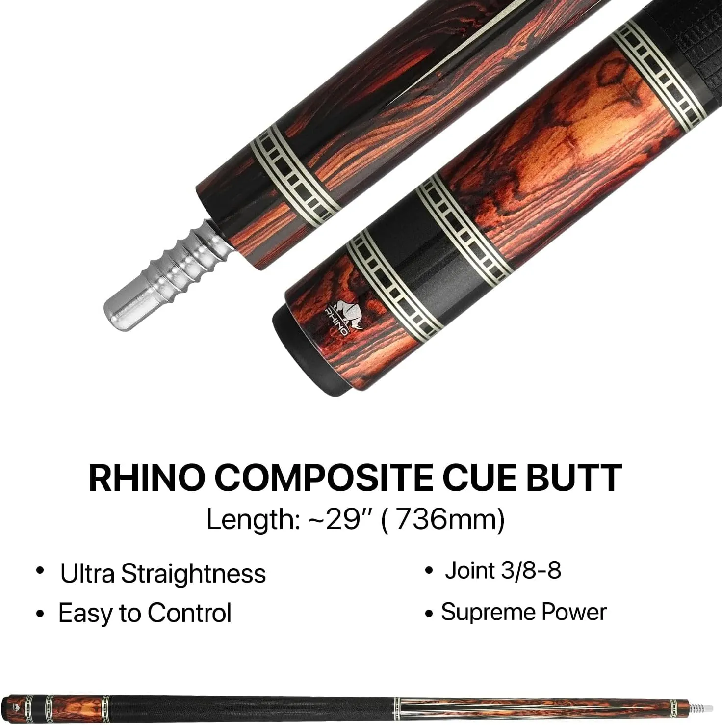 RHINO Retro Pool Cue - Cocobolo, Bocote, Ebony, Snakewood, Thuya - Lizard Embossed Microfiber Leather Wrap & Point - 3/8-8 Joint - 12.5 mm Tip Diameter