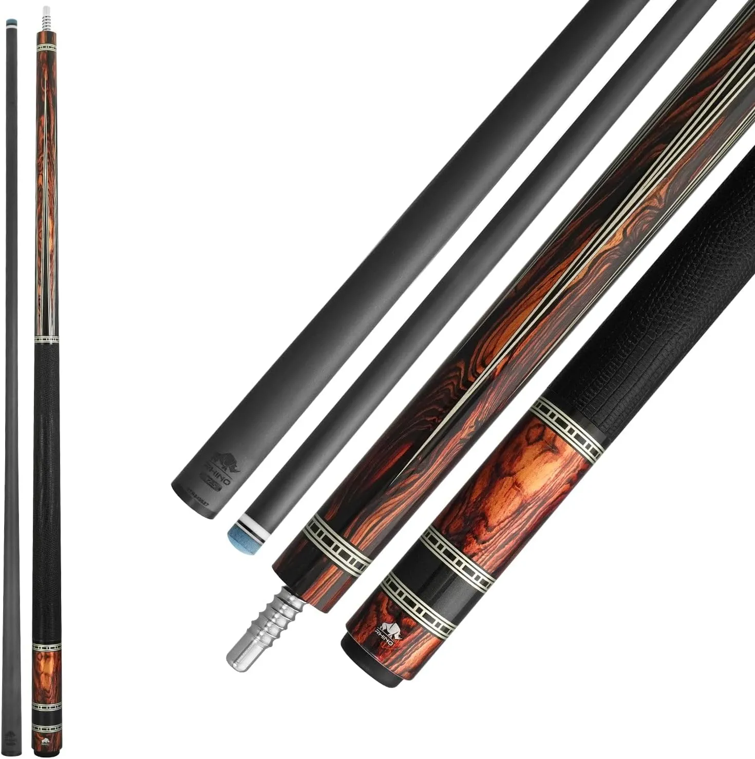 RHINO Retro Pool Cue - Cocobolo, Bocote, Ebony, Snakewood, Thuya - Lizard Embossed Microfiber Leather Wrap & Point - 3/8-8 Joint - 12.5 mm Tip Diameter