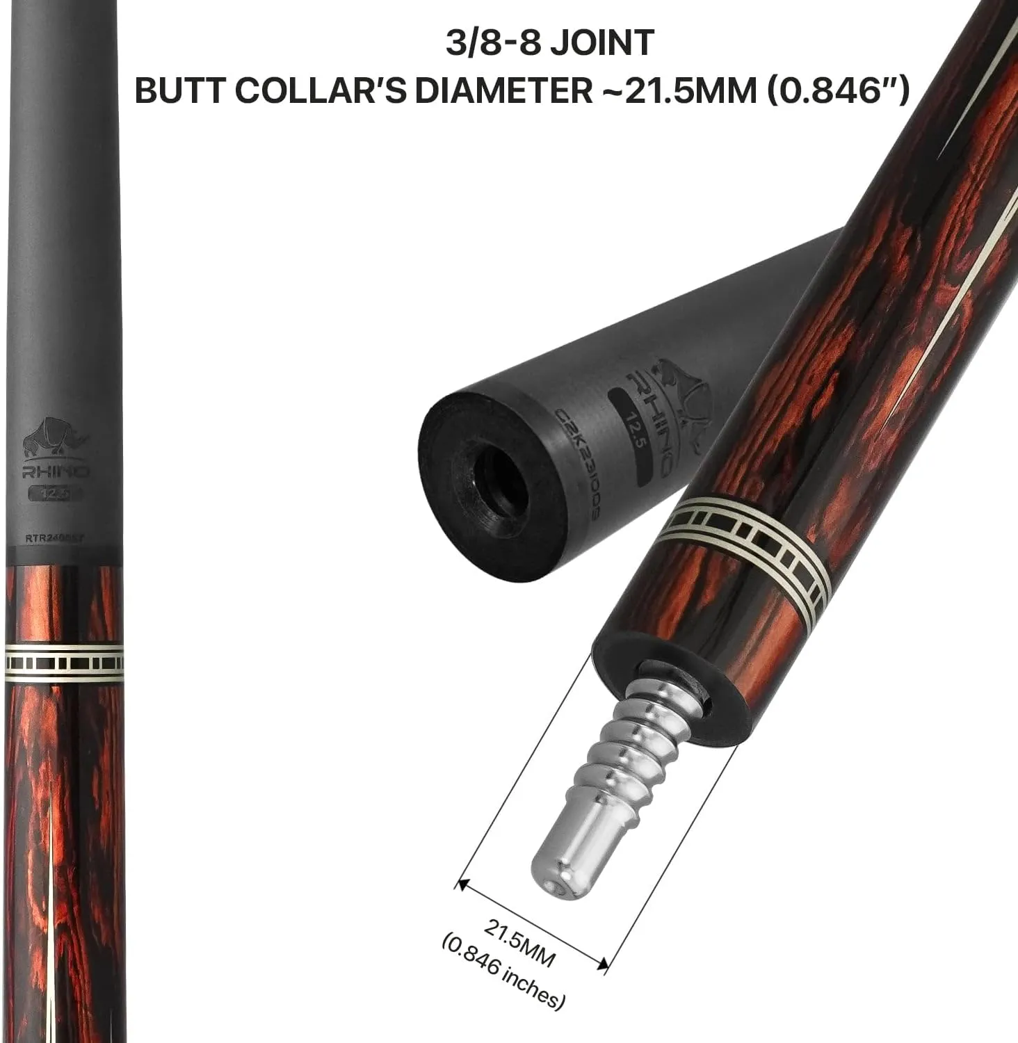 RHINO Retro Pool Cue - Cocobolo, Bocote, Ebony, Snakewood, Thuya - Lizard Embossed Microfiber Leather Wrap & Point - 3/8-8 Joint - 12.5 mm Tip Diameter