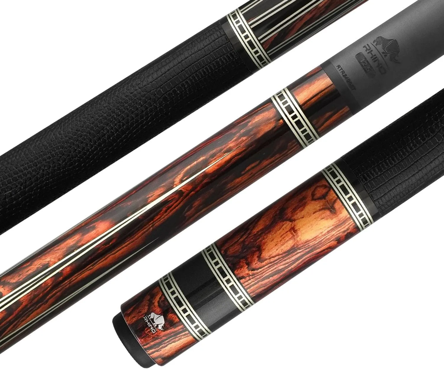 RHINO Retro Pool Cue - Cocobolo, Bocote, Ebony, Snakewood, Thuya - Lizard Embossed Microfiber Leather Wrap & Point - 3/8-8 Joint - 12.5 mm Tip Diameter