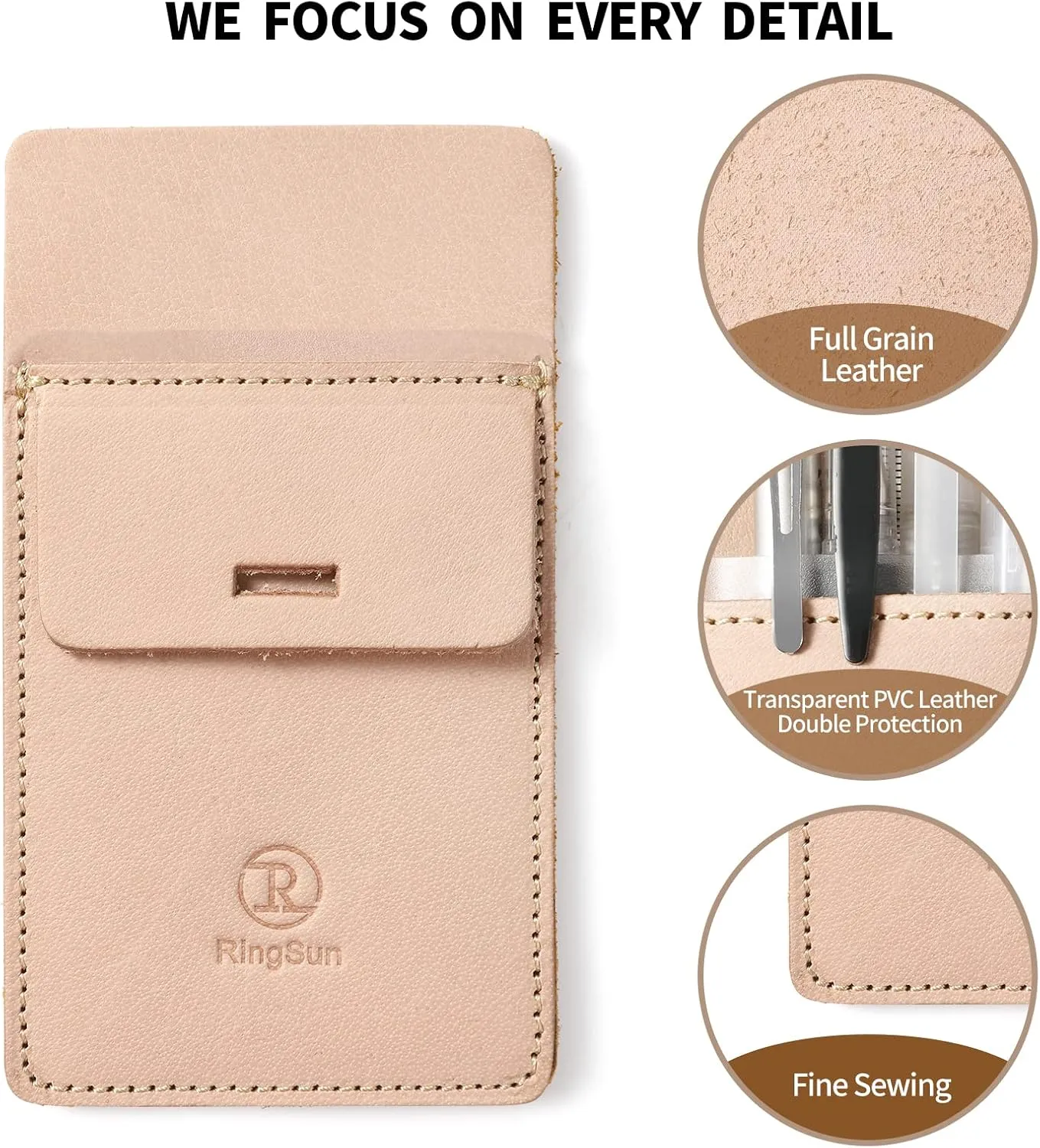 Ringsun Pocket Protector for Men, Full Grain Leather Pen Protect Holder for Heavy Duty Shirts, Lab Coats, Holds Pens, Pointers, Cards, Hold 6 Pens, Pocket Protectors for Pens and Pencils