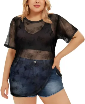 RITERA Plus Size Mesh Tops for Women Sexy Short Sleeve Sheer Fishnet Shirts Black Tshirts Blouses XL-5XL