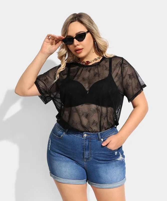 RITERA Plus Size Mesh Tops for Women Sexy Short Sleeve Sheer Fishnet Shirts Black Tshirts Blouses XL-5XL