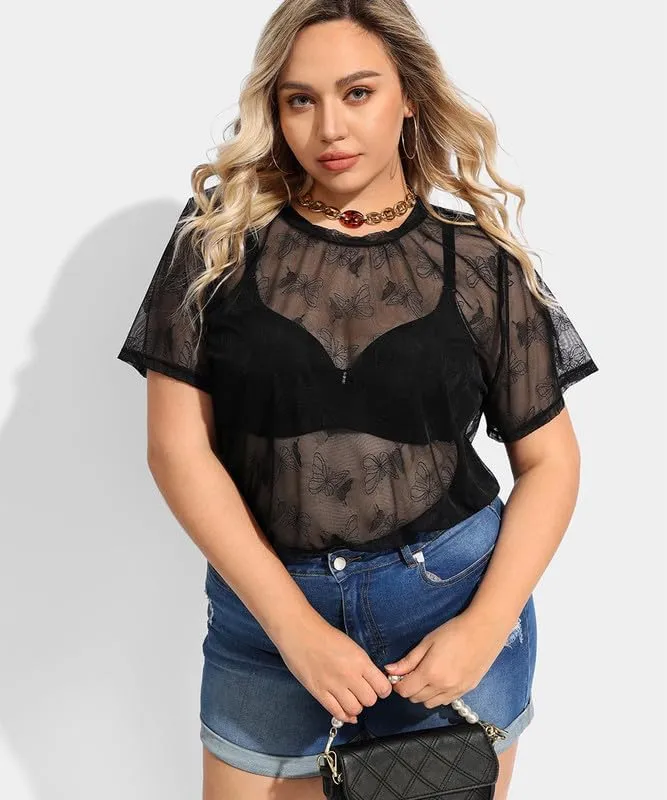 RITERA Plus Size Mesh Tops for Women Sexy Short Sleeve Sheer Fishnet Shirts Black Tshirts Blouses XL-5XL
