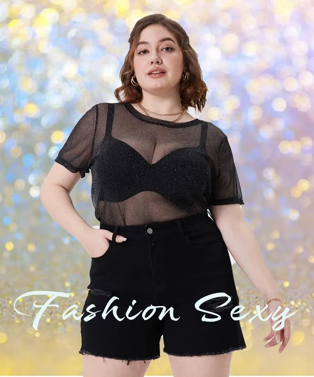 RITERA Plus Size Mesh Tops for Women Sexy Short Sleeve Sheer Fishnet Shirts Black Tshirts Blouses XL-5XL