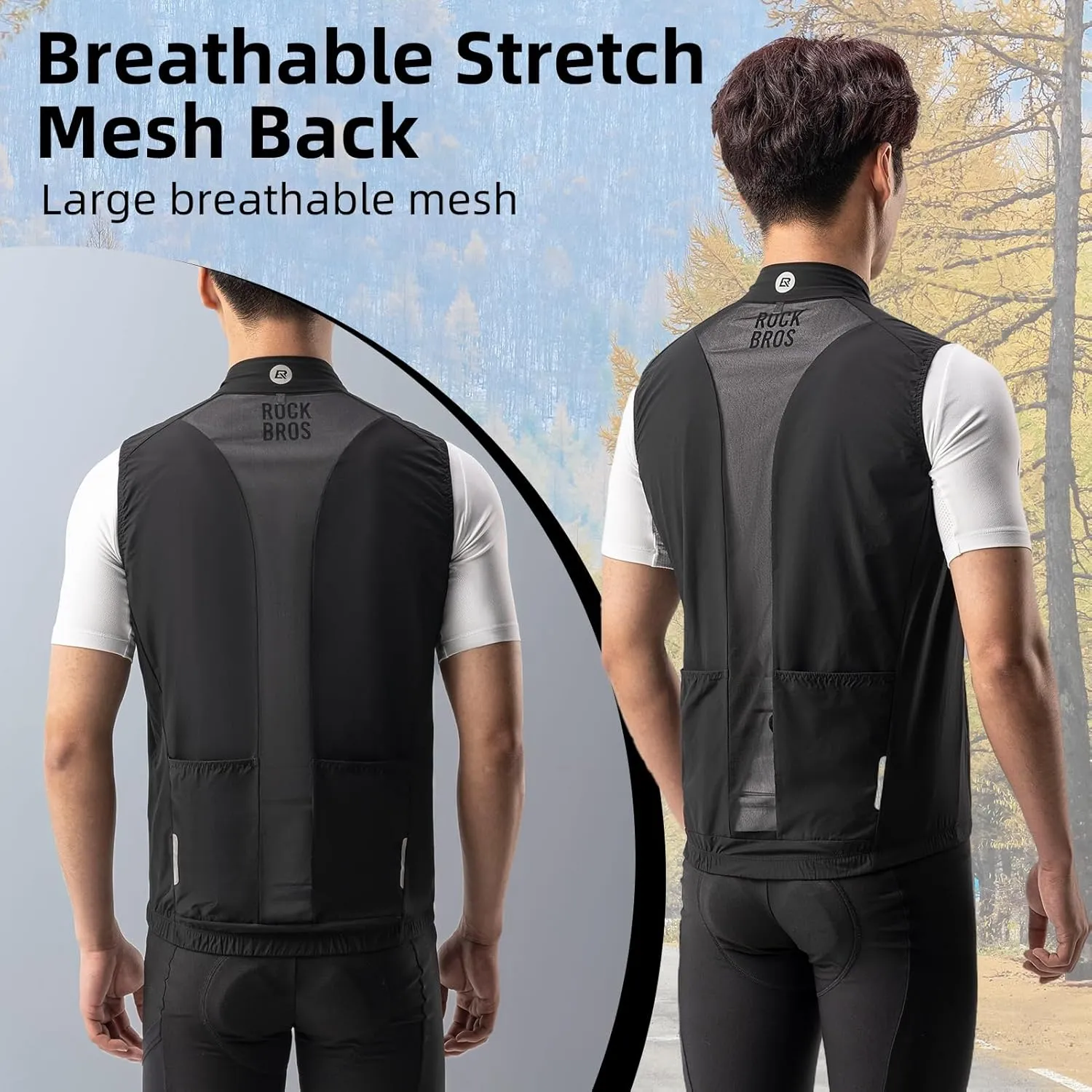 ROCKBROS Cycling Vest Windproof Breathable Bike Vest Men Sleeveless Lightweight Windbreaker with Pockets