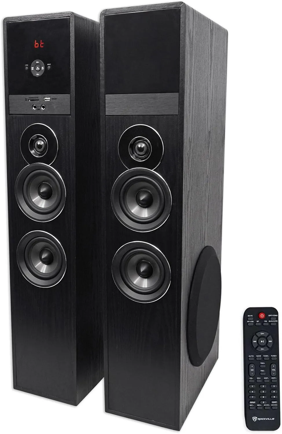 Rockville TM80B Powered Home Theater Tower Speaker System, Black, 800W, 8" Subwoofers, Bluetooth, USB/SD Playback, FM Radio, Remote Control, Karaoke Ready, Perfect for Home Entertainment