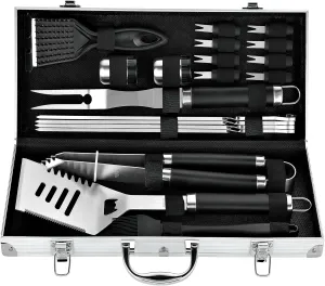 ROMANTICIST 20pc Heavy Duty BBQ Grill Tool Set in Case - The Very Best Grill Gift for Father's Day and Christmas - Professional BBQ Accessories Set for Outdoor Cooking Camping Grilling Smoking, Black
