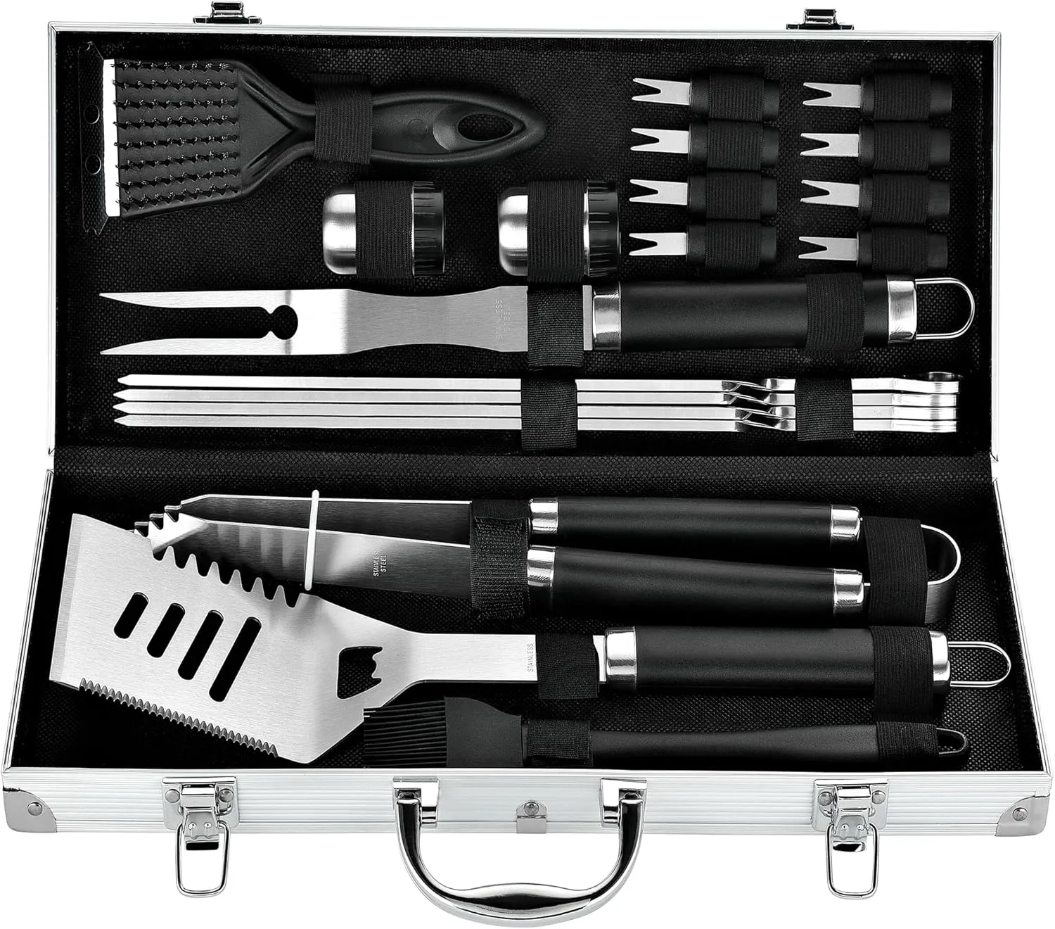 ROMANTICIST 20pc Heavy Duty BBQ Grill Tool Set in Case - The Very Best Grill Gift for Father's Day and Christmas - Professional BBQ Accessories Set for Outdoor Cooking Camping Grilling Smoking, Black