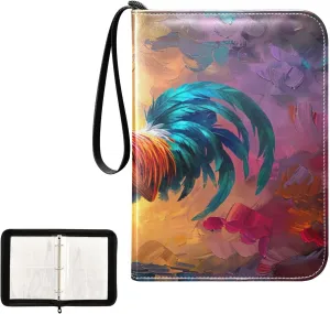 Rooster Oil Painting Collectible Trading Card Albums, Waterproof PU Card Collection Binder Fits 400 Cards with Removable Sleeves for Baseball Card, Football Card