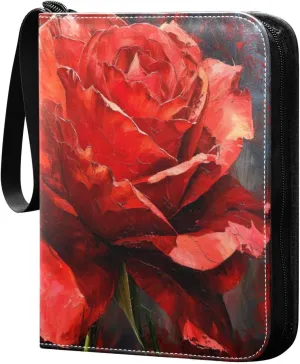 Rose Oil Painting Card Binder 4-Pocket, 400 Pockets Card Holder with 50 Removable Sleeves and Zipper for Games Baseball Football Sports Card
