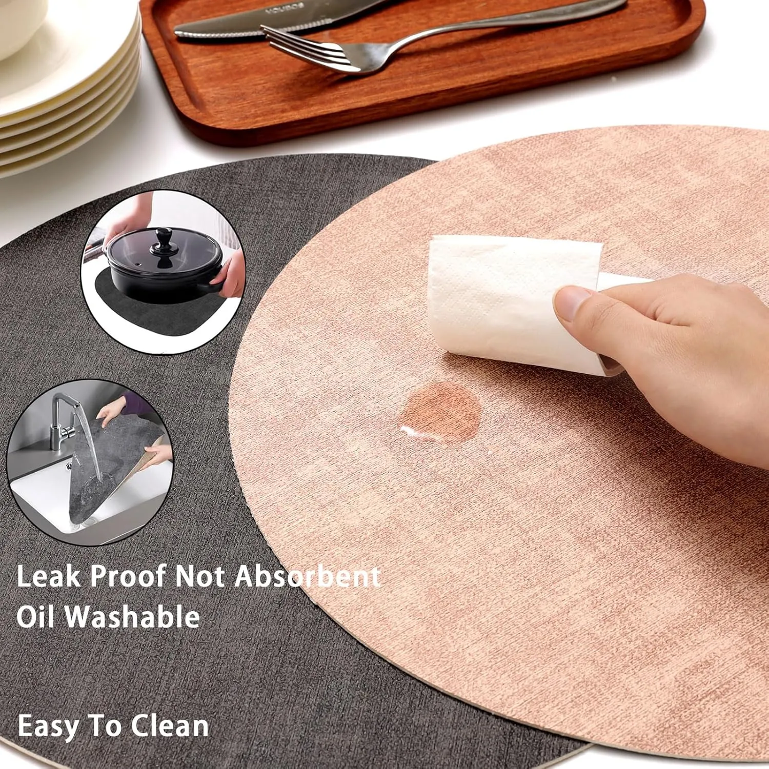 Round Leather Placemats Set of 6-Heat Resistant&Waterproof Cowhide Place Mats Set,Round Placemats Set of 6,Place Mats Indoor,Elegant Anti-Slip Kitchen Decor(6-Pack)