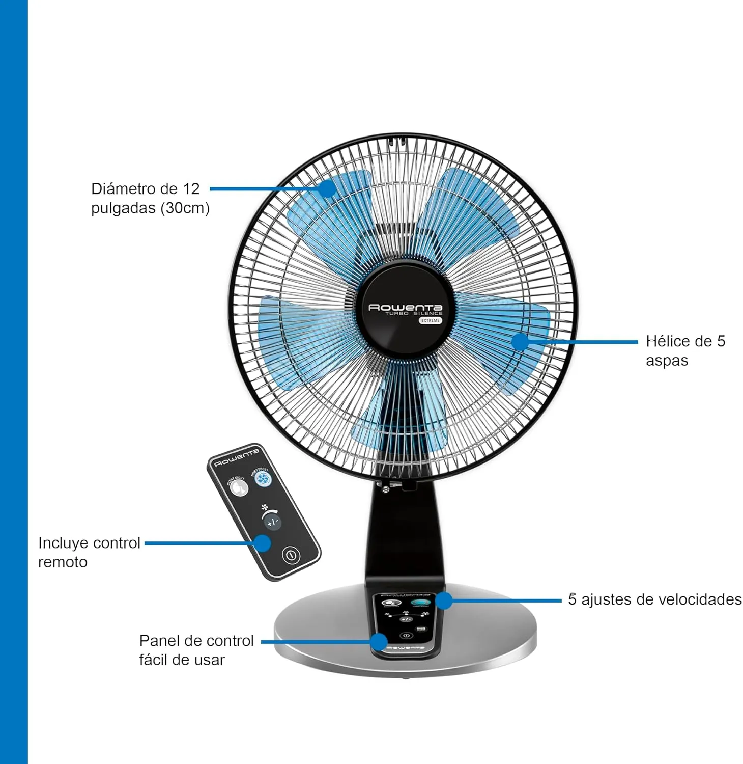 Rowenta, Desk Fan, Turbo Silence Table Fan with Remote, 18 Inches, Ultra Quiet Fan for Bedroom, Oscillating, Portable, 5 Speeds, Black, Indoor, VU2660