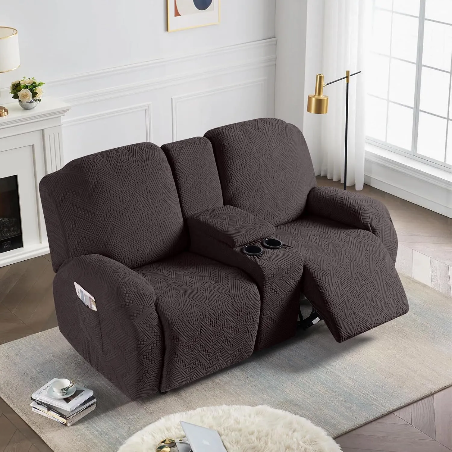 Ruaozz Stretch Loveseat Recliner Covers with Console 4-Pieces Recliner Sofa Covers with Pockets Jacquard Reclining Couch Covers Furniture Protector with Elastic Straps Bottom (2 Seater, Chocolate)