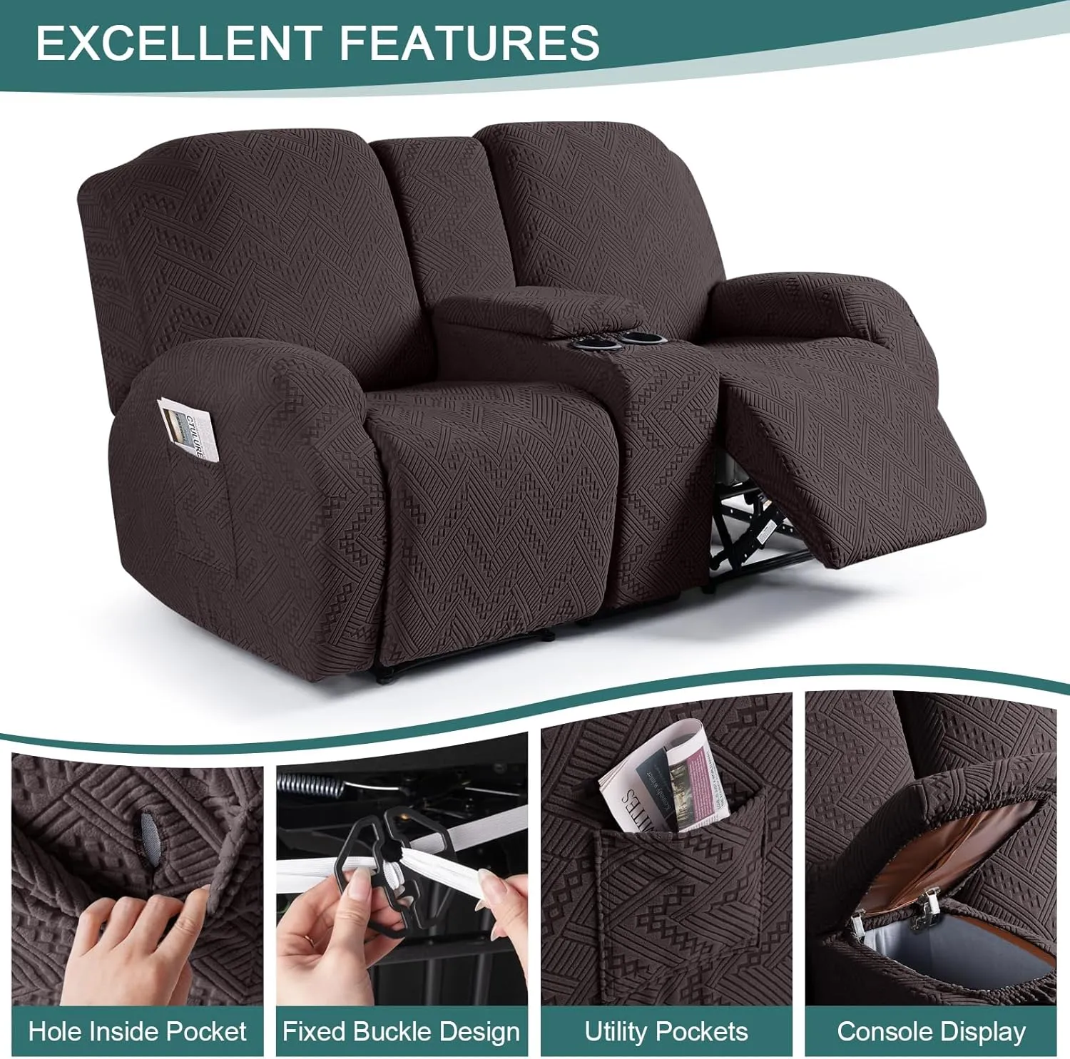 Ruaozz Stretch Loveseat Recliner Covers with Console 4-Pieces Recliner Sofa Covers with Pockets Jacquard Reclining Couch Covers Furniture Protector with Elastic Straps Bottom (2 Seater, Chocolate)