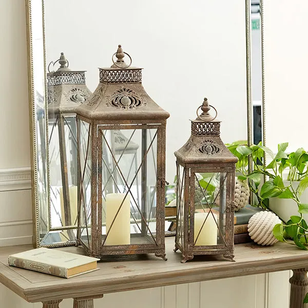 Rustic Distressed Metal and Glass Lanterns, Set of Two