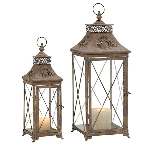 Rustic Distressed Metal and Glass Lanterns, Set of Two