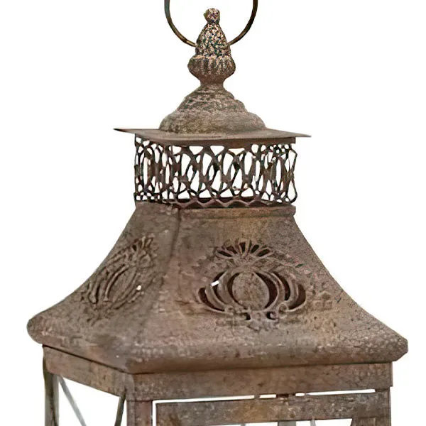 Rustic Distressed Metal and Glass Lanterns, Set of Two