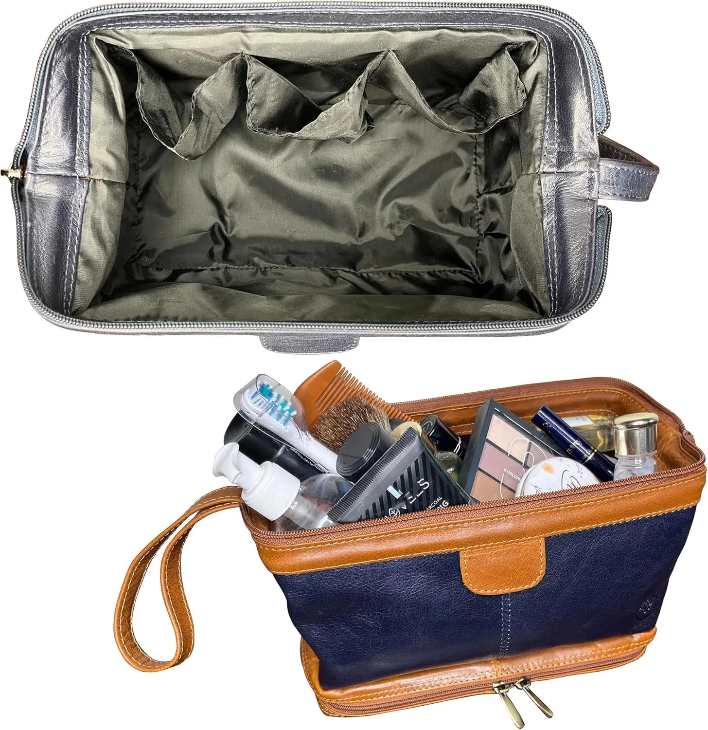 RUSTIC TOWN Leather Toiletry Bag for Men - Travel Gift Shaving Dopp Kit - Bathroom Shower Toiletries Organizer - Cosmetic Makeup Bag for Women