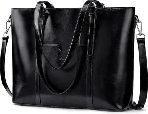 S-ZONE Women Genuine Leather Laptop Tote Bag Shoulder Handbags 15.6 Inch Purse