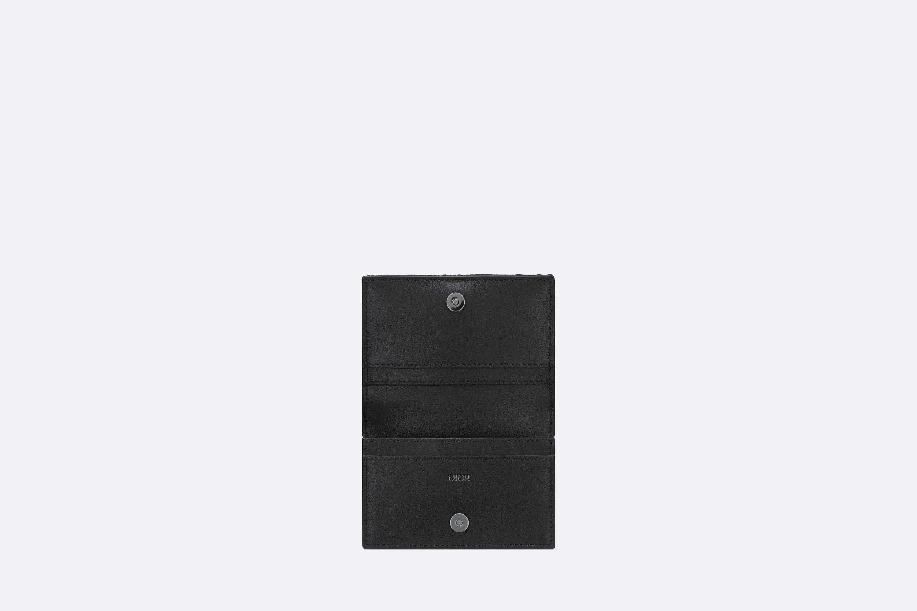 Saddle Bi-Fold Card Holder • Black Grained Calfskin Leather Marquetry and Dior Oblique Jacquard