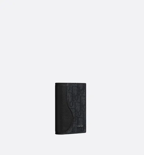 Saddle Bi-Fold Card Holder • Black Grained Calfskin Leather Marquetry and Dior Oblique Jacquard