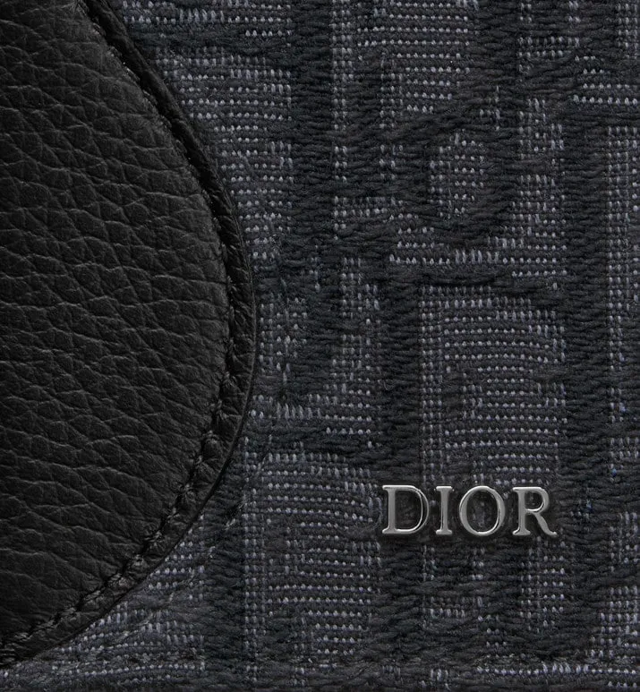 Saddle Bi-Fold Card Holder • Black Grained Calfskin Leather Marquetry and Dior Oblique Jacquard