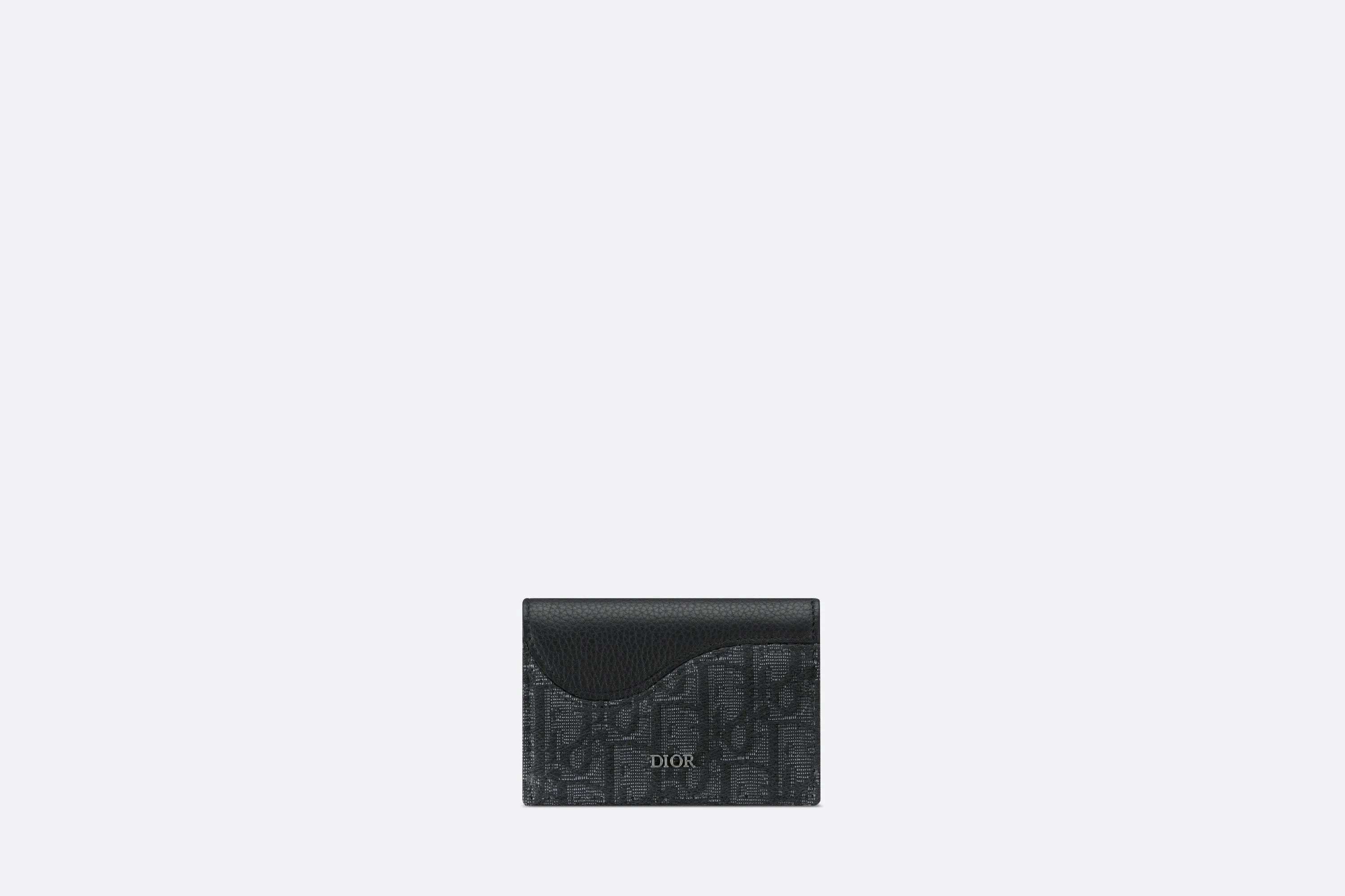 Saddle Bi-Fold Card Holder • Black Grained Calfskin Leather Marquetry and Dior Oblique Jacquard