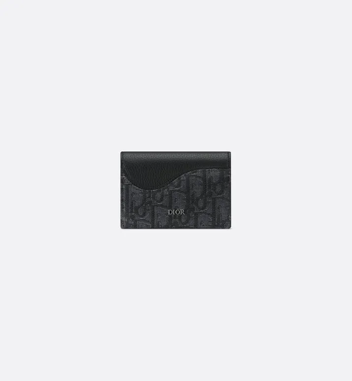 Saddle Bi-Fold Card Holder • Black Grained Calfskin Leather Marquetry and Dior Oblique Jacquard