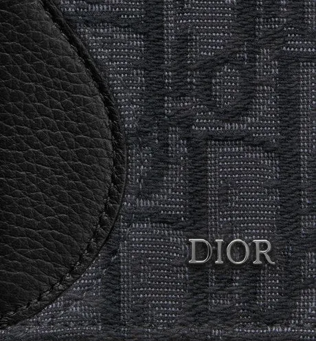 Saddle Bi-Fold Card Holder • Black Grained Calfskin Leather Marquetry and Dior Oblique Jacquard