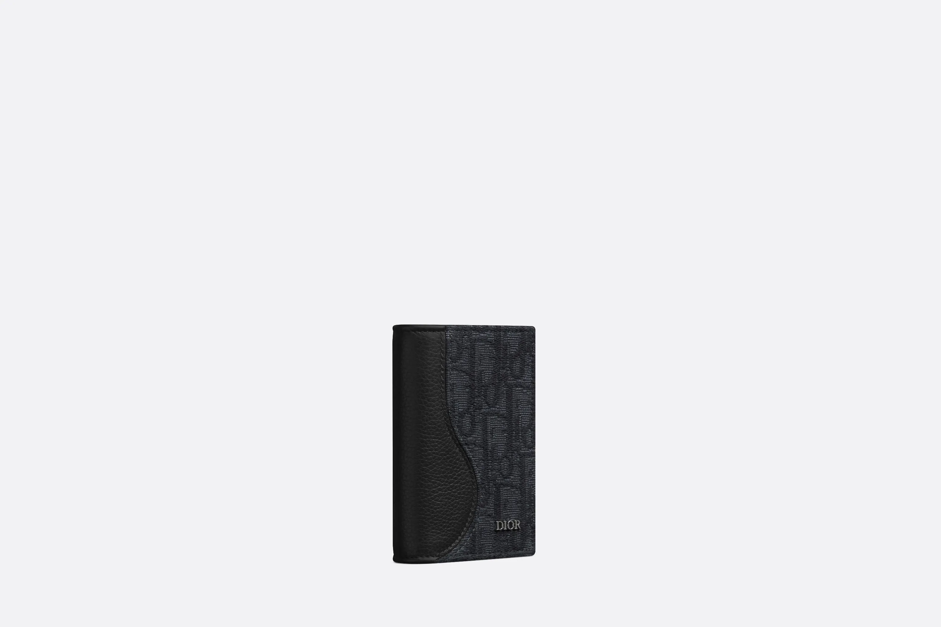 Saddle Bi-Fold Card Holder • Black Grained Calfskin Leather Marquetry and Dior Oblique Jacquard