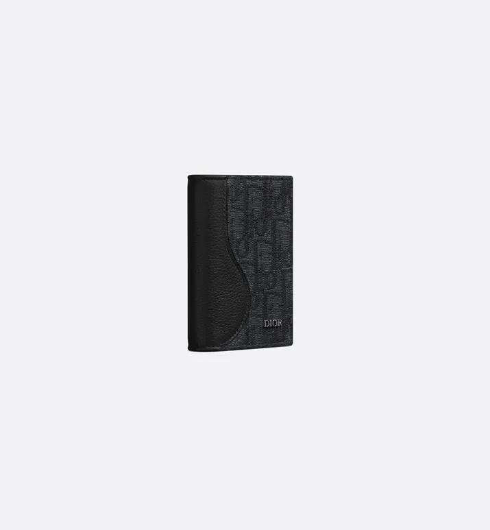 Saddle Bi-Fold Card Holder • Black Grained Calfskin Leather Marquetry and Dior Oblique Jacquard