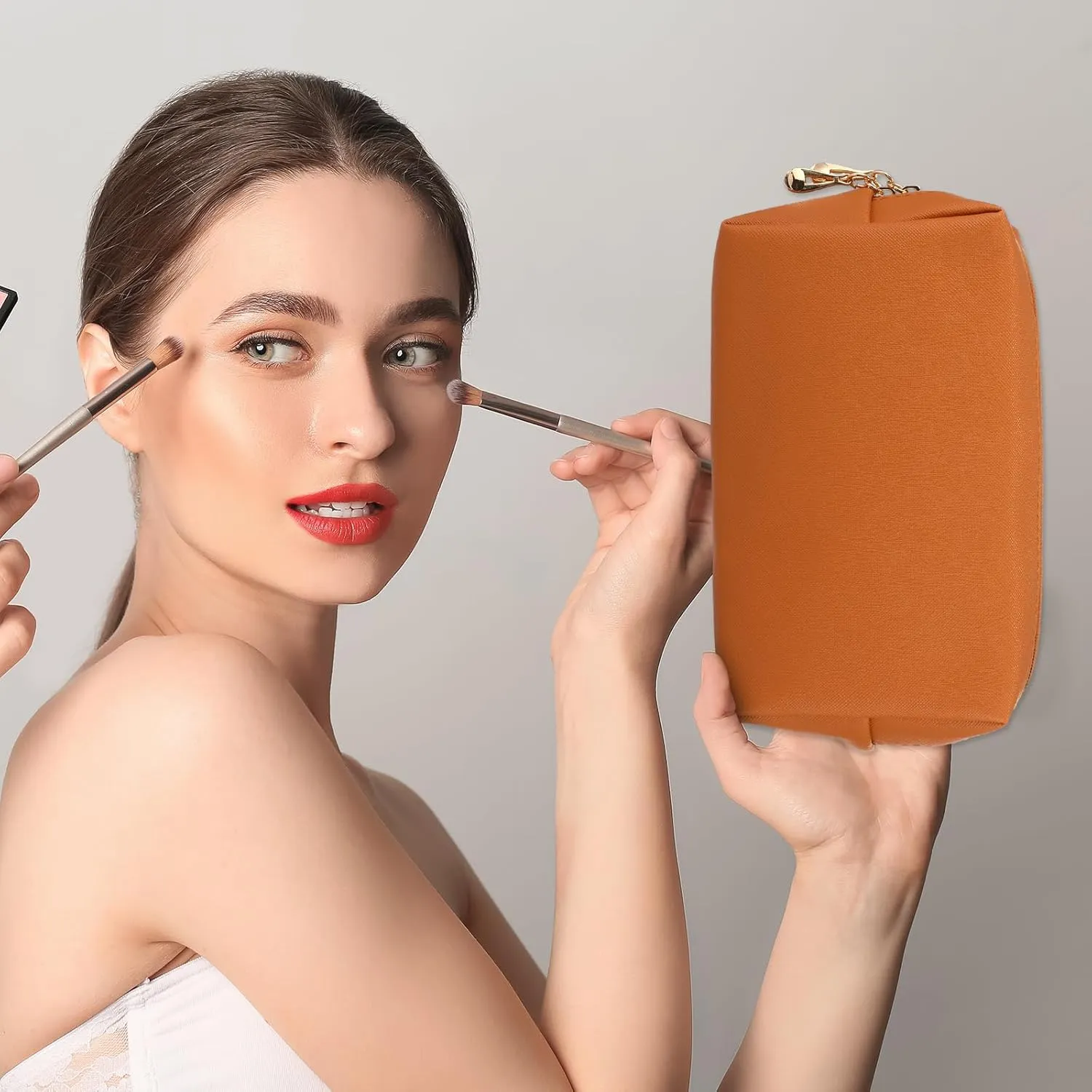 Sanwuta 9 Pcs Makeup Bags PU Double Zippers Cosmetic Bag Makeup Toiletry Pouch Bulk Portable Travel Organizers Case for Women Bachelorette Party End of the Year Graduation Gift(Brown Series)