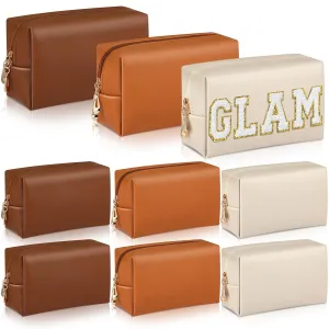 Sanwuta 9 Pcs Makeup Bags PU Double Zippers Cosmetic Bag Makeup Toiletry Pouch Bulk Portable Travel Organizers Case for Women Bachelorette Party End of the Year Graduation Gift(Brown Series)