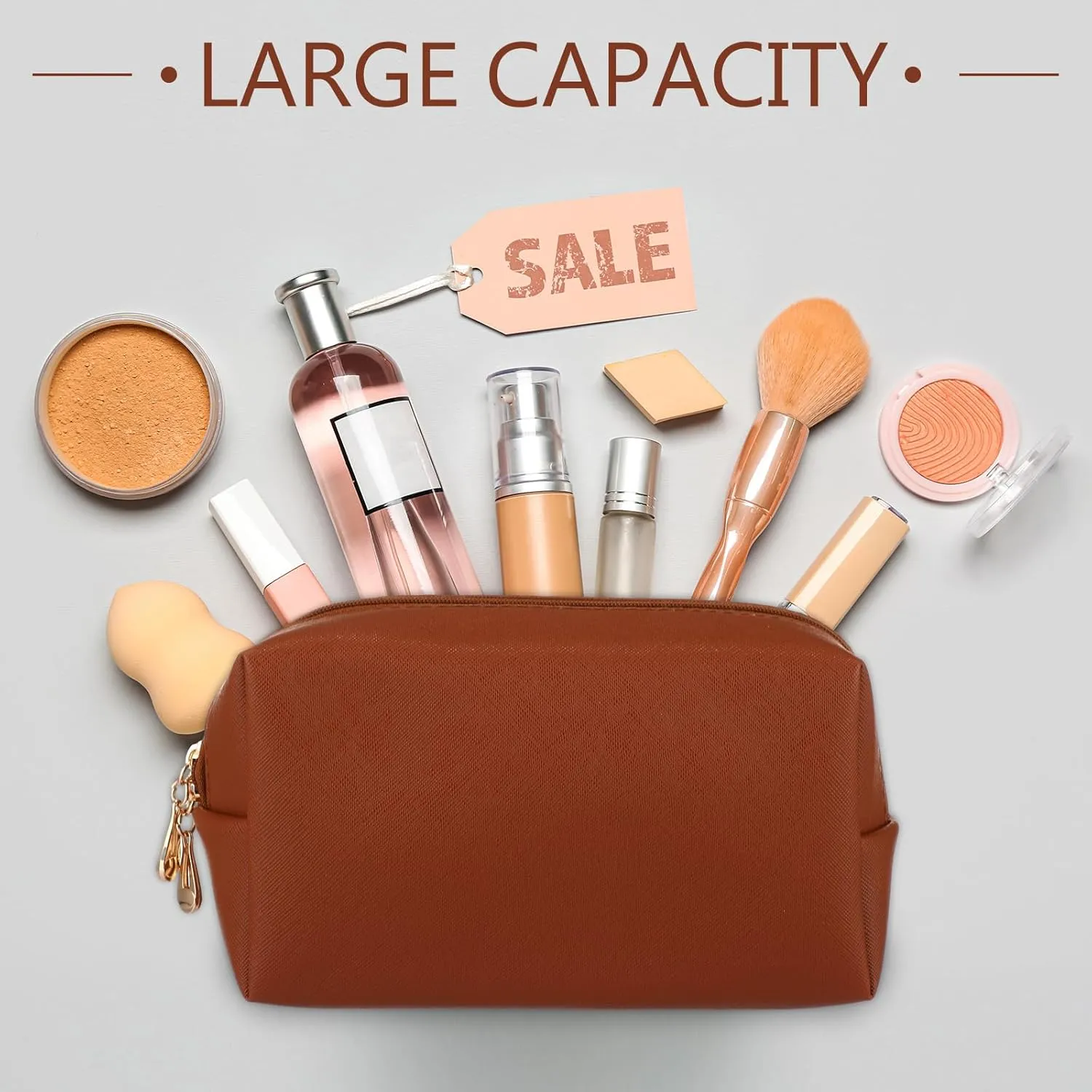 Sanwuta 9 Pcs Makeup Bags PU Double Zippers Cosmetic Bag Makeup Toiletry Pouch Bulk Portable Travel Organizers Case for Women Bachelorette Party End of the Year Graduation Gift(Brown Series)