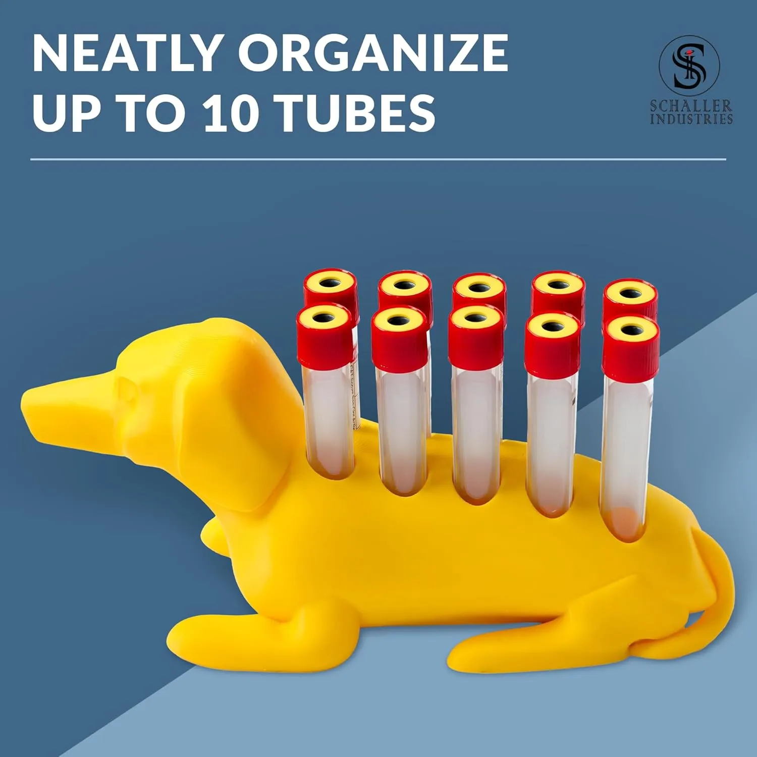 Schaller Industries Test Tube Rack – Vertical Storage Tube Organizer for 13mm - Test Tube Holder Rack and Vial Holder – Glass Tube Drying Rack, Fun Dachshund Design - Holds 10 Tubes - Bright Yellow