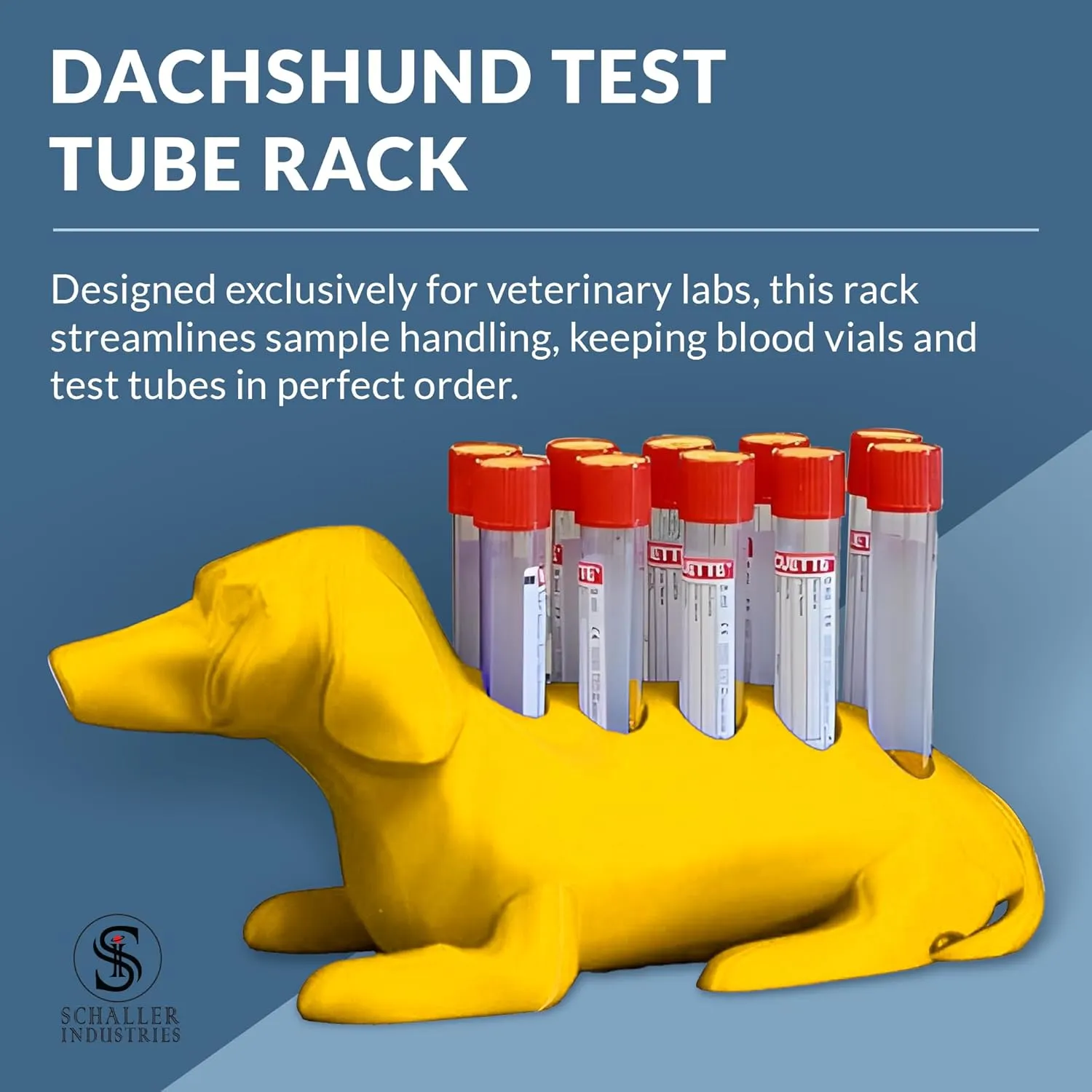 Schaller Industries Test Tube Rack – Vertical Storage Tube Organizer for 13mm - Test Tube Holder Rack and Vial Holder – Glass Tube Drying Rack, Fun Dachshund Design - Holds 10 Tubes - Bright Yellow