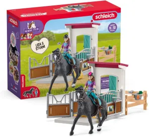 Schleich Horse Club - 25 PC Lisa and Storm Horse Toy Stall Playset with Accessories - Customizable Stable Name Tag - Realistic, Posable Rider and Pony Toys for Girls and Boys - Kids Ages 5  - 42709