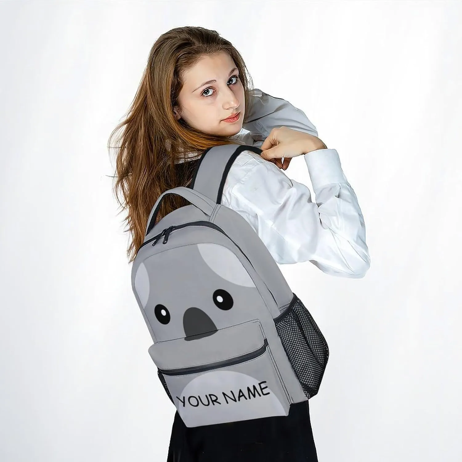 School Backpack for Girls - Personalized Koala Schoolbag - Lightweight Durable Large Capacity - 17 Inch Grey Kid Backpack for School, Travel and Camp