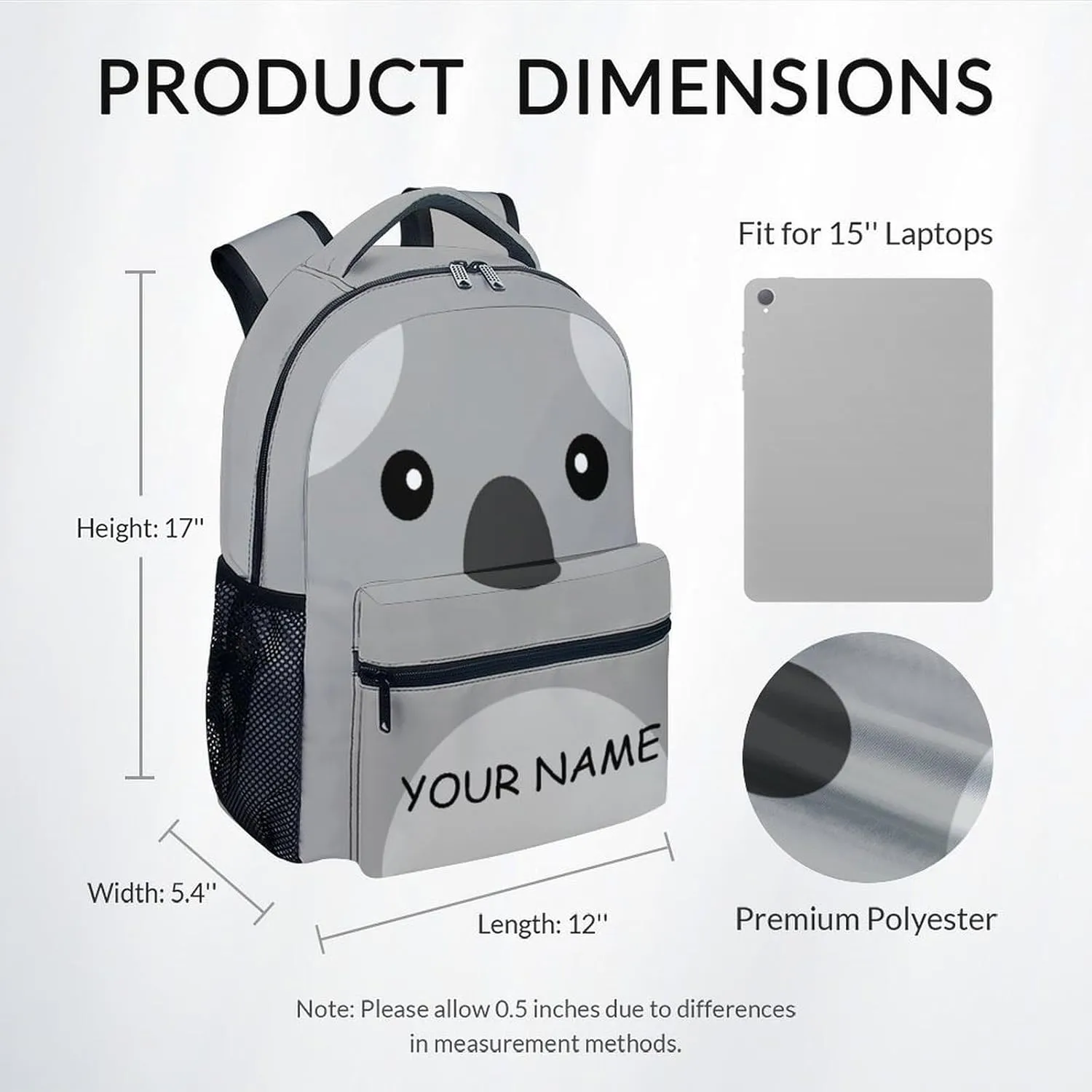 School Backpack for Girls - Personalized Koala Schoolbag - Lightweight Durable Large Capacity - 17 Inch Grey Kid Backpack for School, Travel and Camp