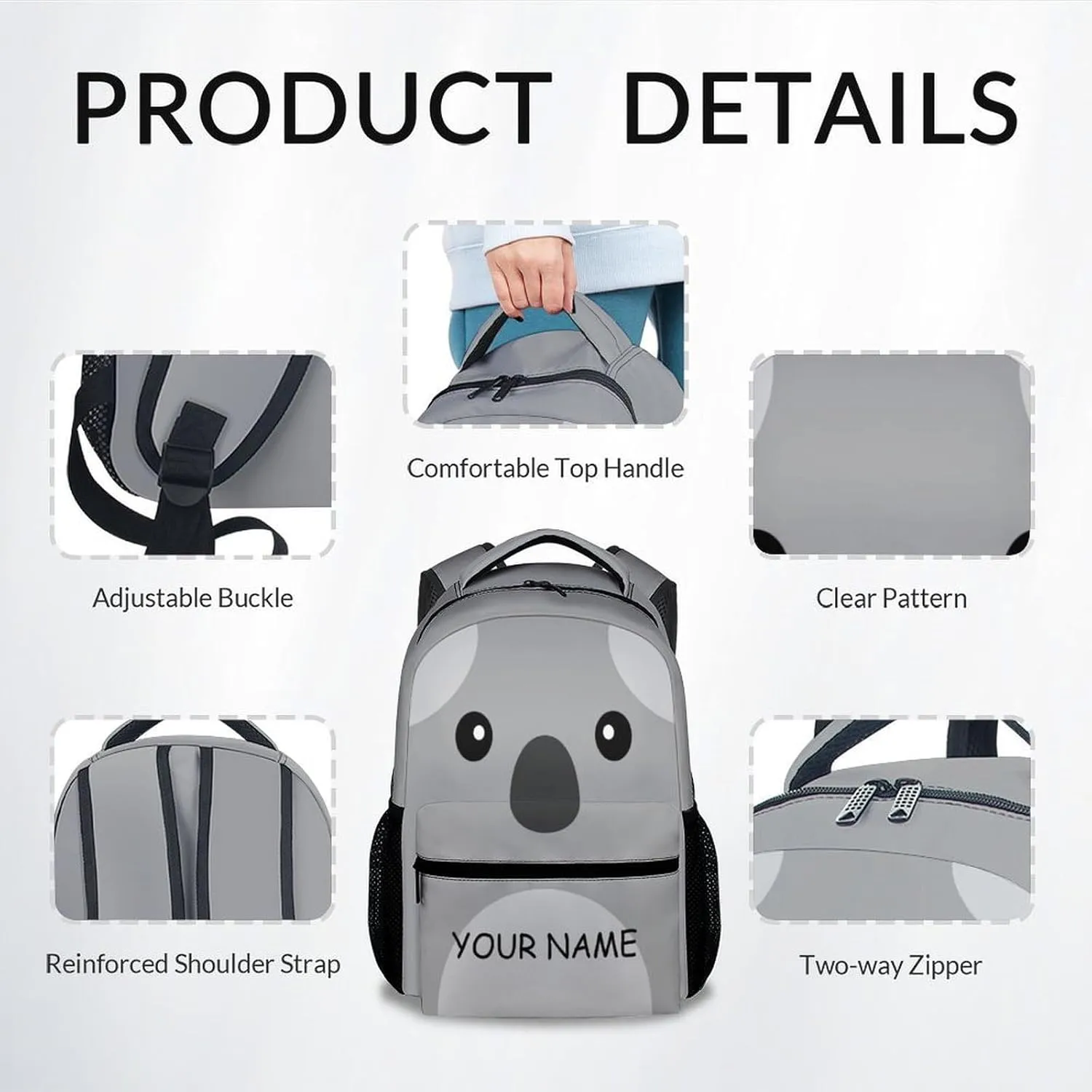 School Backpack for Girls - Personalized Koala Schoolbag - Lightweight Durable Large Capacity - 17 Inch Grey Kid Backpack for School, Travel and Camp