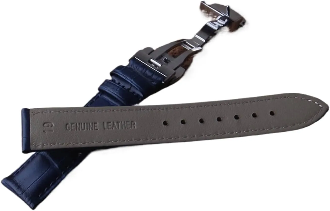 SDFFGHJ Leather Genuine Watchbands Straps Dark Blue Silver Butterfly Buckles Clasp 14mm 15mm 16mm 17mm 18mm 19mm 20mm 22mm