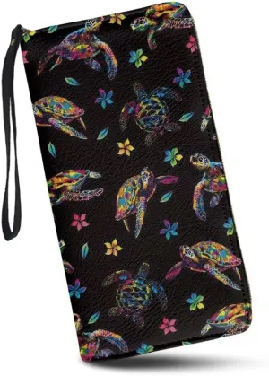 Sea Turtle Print Women's RFID Blocking Wallet PU Leather Zip Around Clutch Bag Large Travel Card Holder Purse
