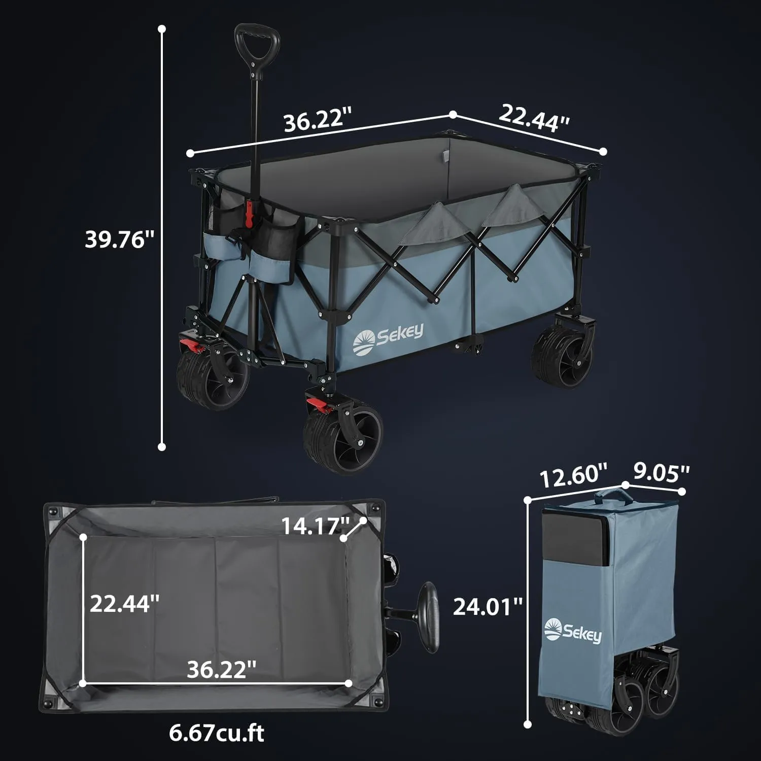 Sekey 220L Collapsible Foldable Wagon with 330lbs Weight Capacity, Heavy Duty Folding Utility Garden Cart with Big All-Terrain Beach Wheels & Drink Holders. Blue & Gray
