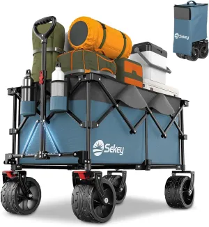 Sekey 220L Collapsible Foldable Wagon with 330lbs Weight Capacity, Heavy Duty Folding Utility Garden Cart with Big All-Terrain Beach Wheels & Drink Holders. Blue & Gray