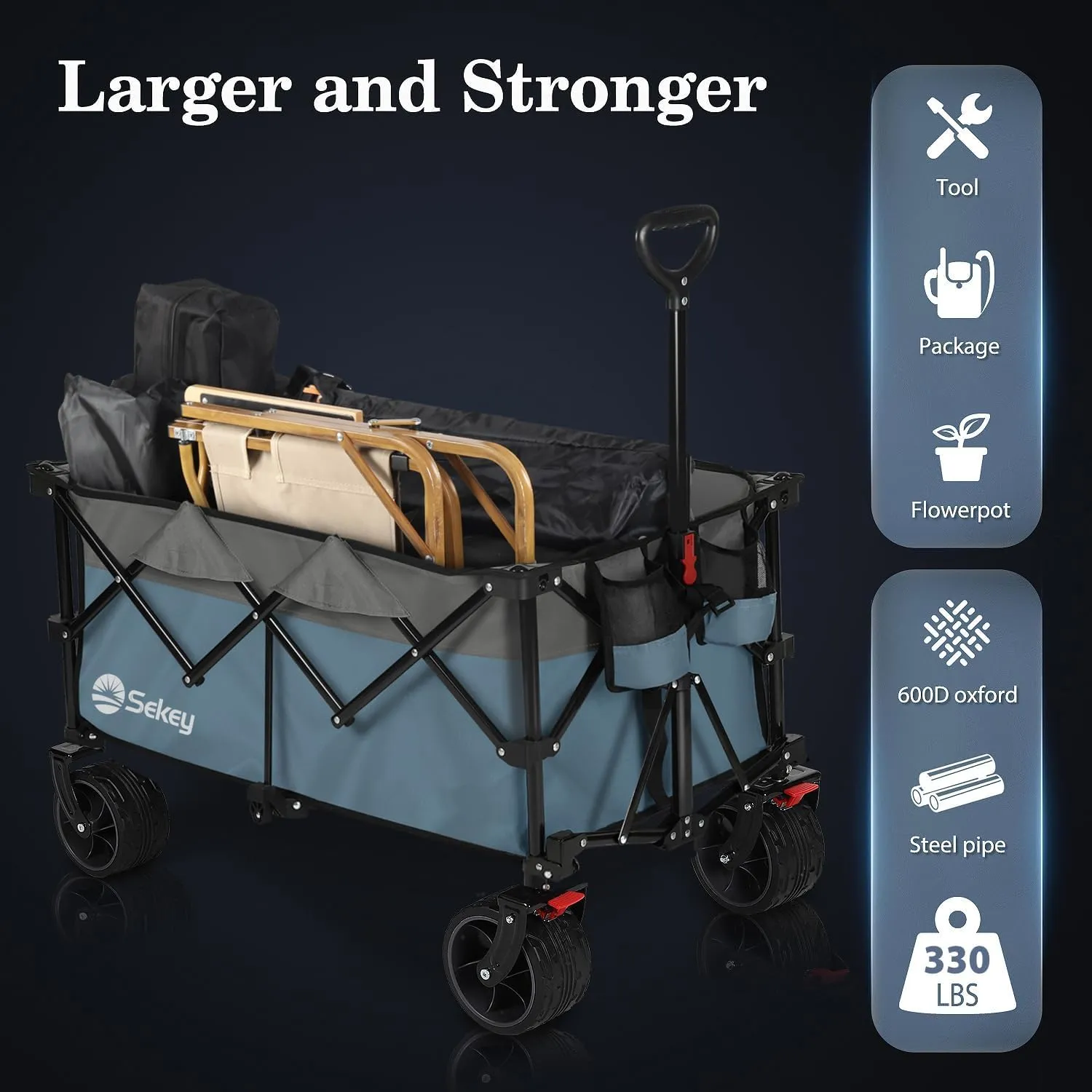 Sekey 220L Collapsible Foldable Wagon with 330lbs Weight Capacity, Heavy Duty Folding Utility Garden Cart with Big All-Terrain Beach Wheels & Drink Holders. Blue & Gray