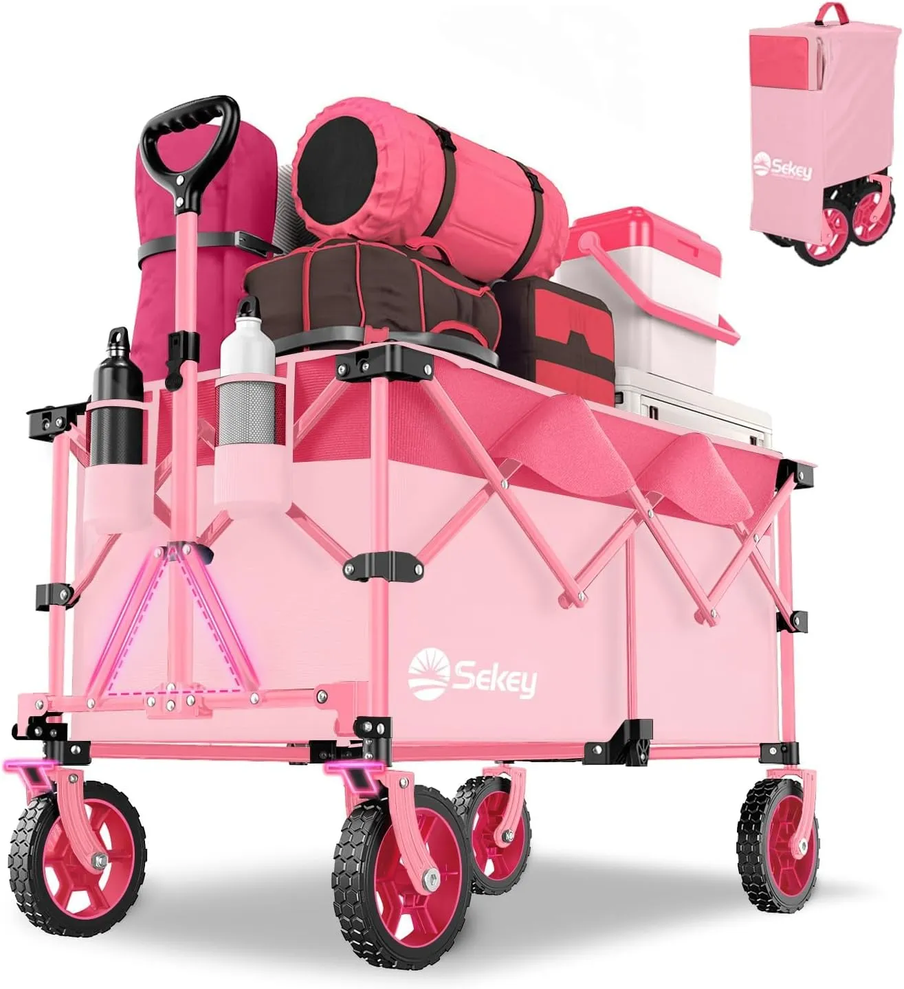 Sekey 330lbs Collapsible Foldable Wagon with Weight Capacity, Heavy Duty Folding Wagon Cart with Big All-Terrain Wheels & Drink Holders. Barbie Pink