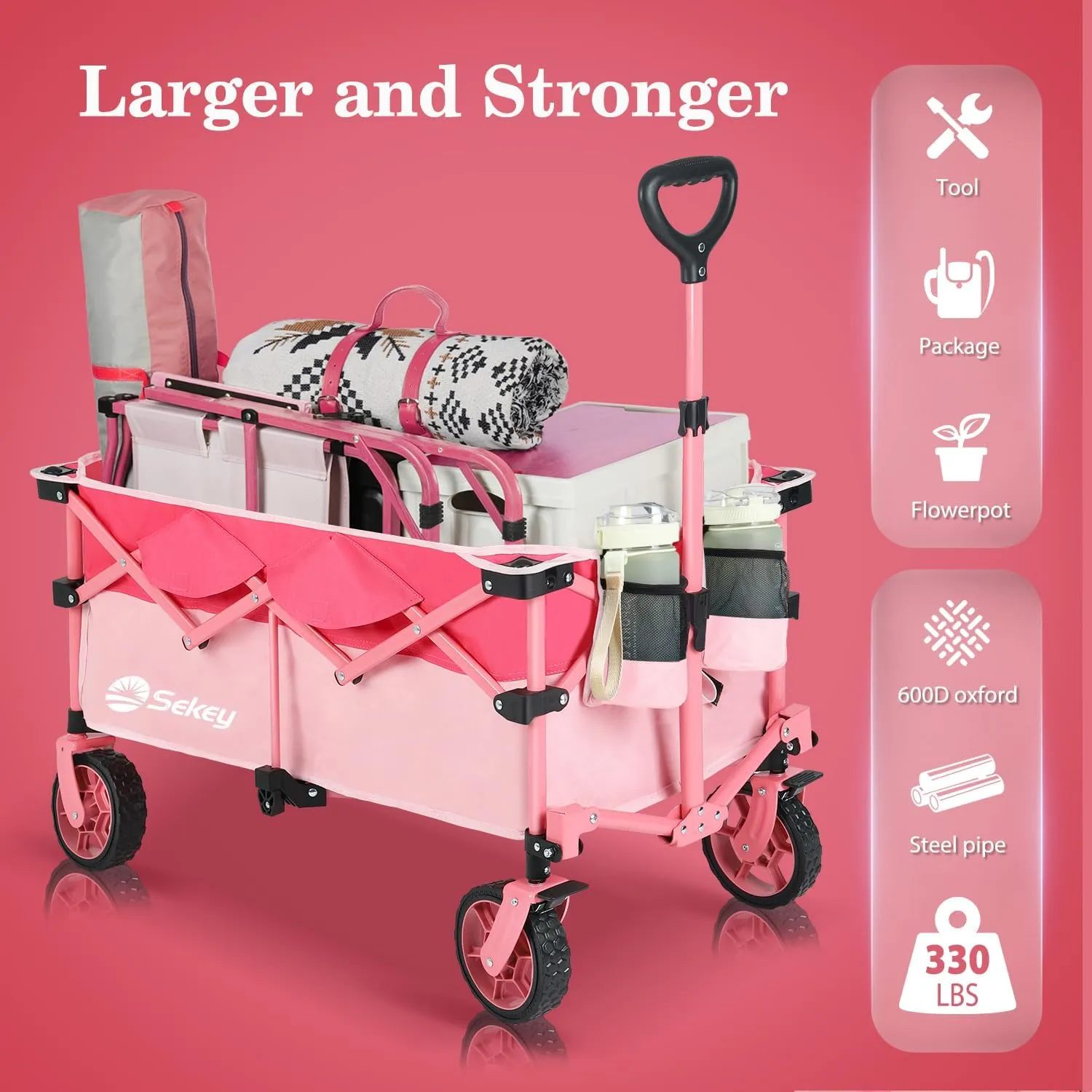 Sekey 330lbs Collapsible Foldable Wagon with Weight Capacity, Heavy Duty Folding Wagon Cart with Big All-Terrain Wheels & Drink Holders. Barbie Pink