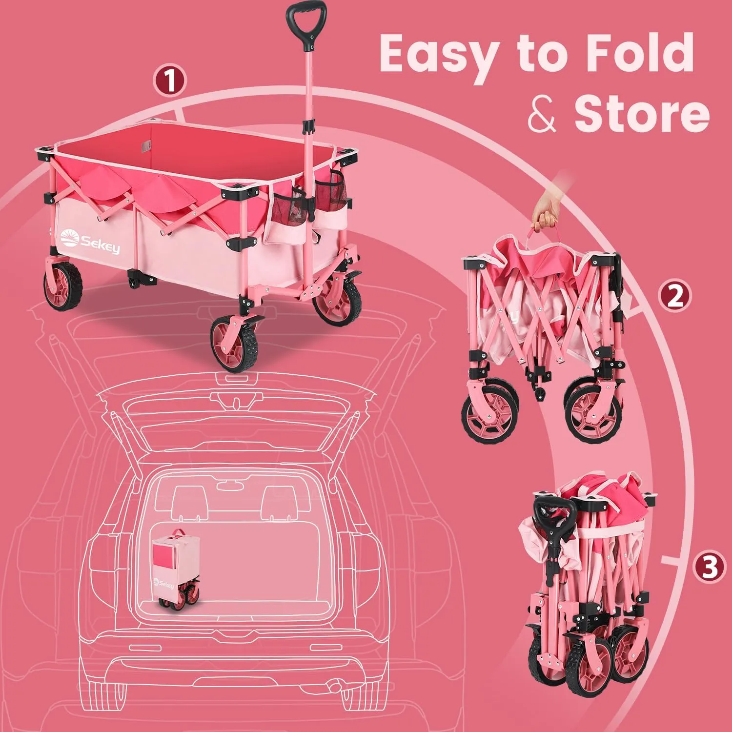 Sekey 330lbs Collapsible Foldable Wagon with Weight Capacity, Heavy Duty Folding Wagon Cart with Big All-Terrain Wheels & Drink Holders. Barbie Pink