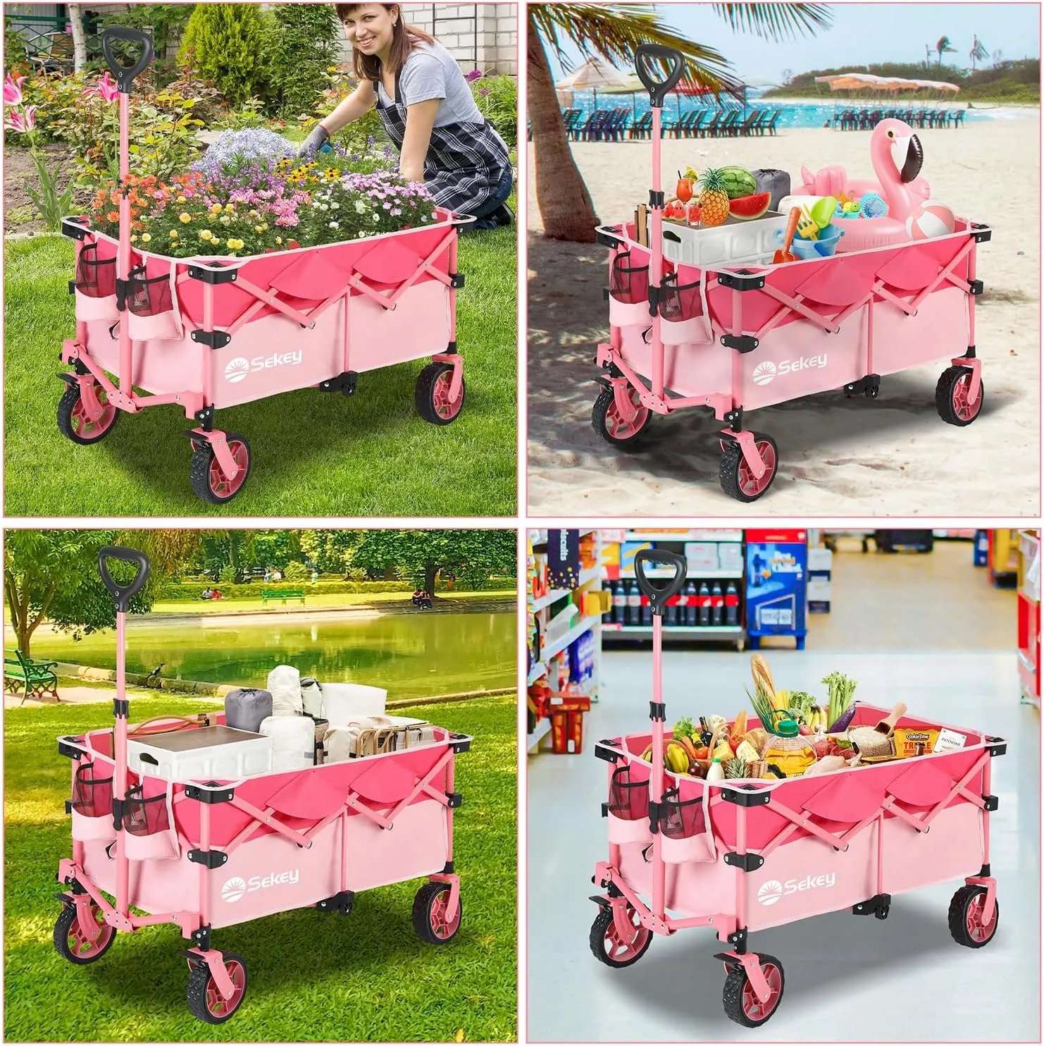 Sekey 330lbs Collapsible Foldable Wagon with Weight Capacity, Heavy Duty Folding Wagon Cart with Big All-Terrain Wheels & Drink Holders. Barbie Pink